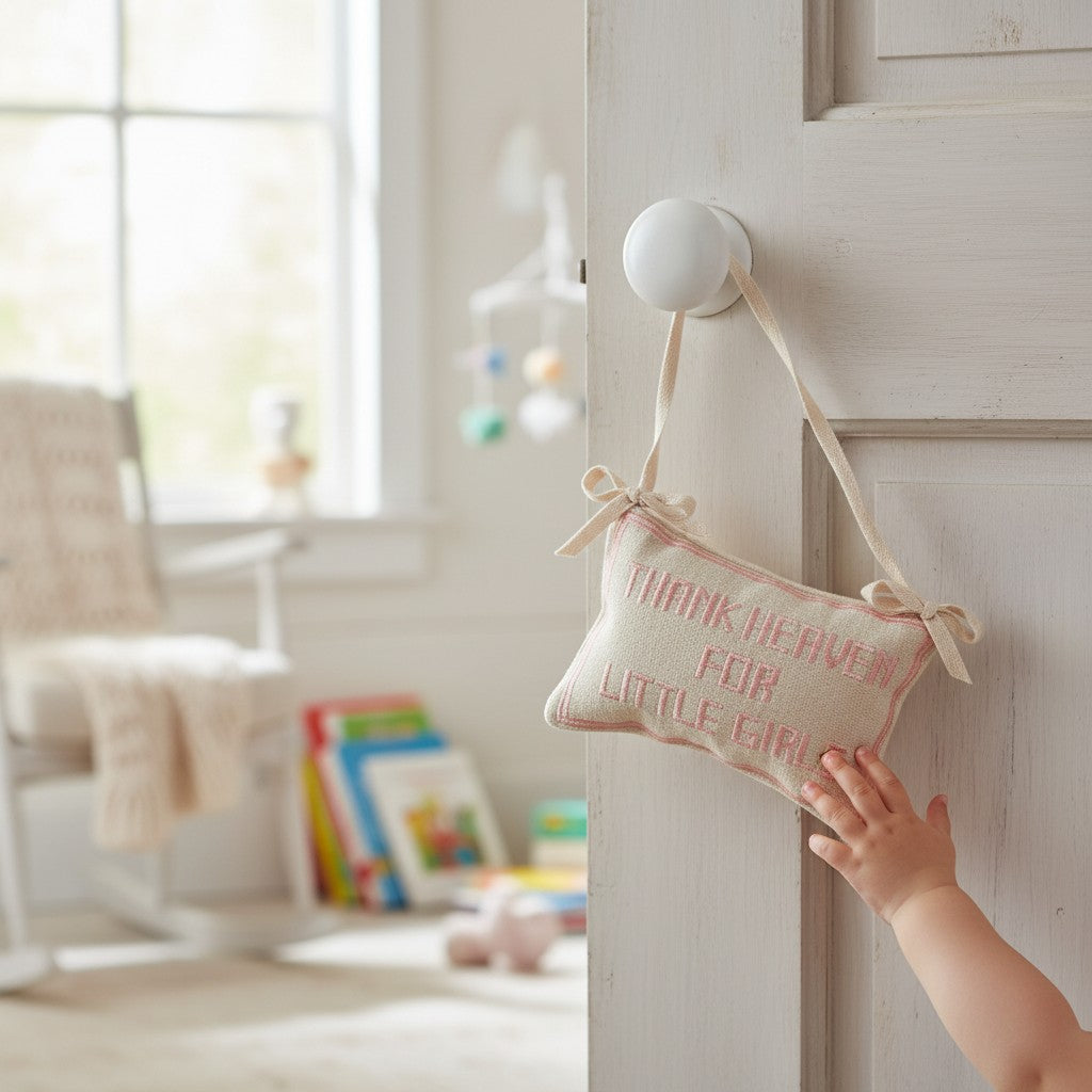 Mellow Monkey Thank Heaven for Little Girls embroidered cotton pillow door hanger hanging on a white door handle.