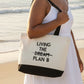Mellow Monkey white cotton tote bag with black handles and "LIVING THE DREAM PLAN B" text. Features a black base.