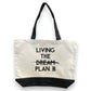 Mellow Monkey white and black cotton tote bag with "LIVING THE DREAM PLAN B" graphic. Reinforced handles.