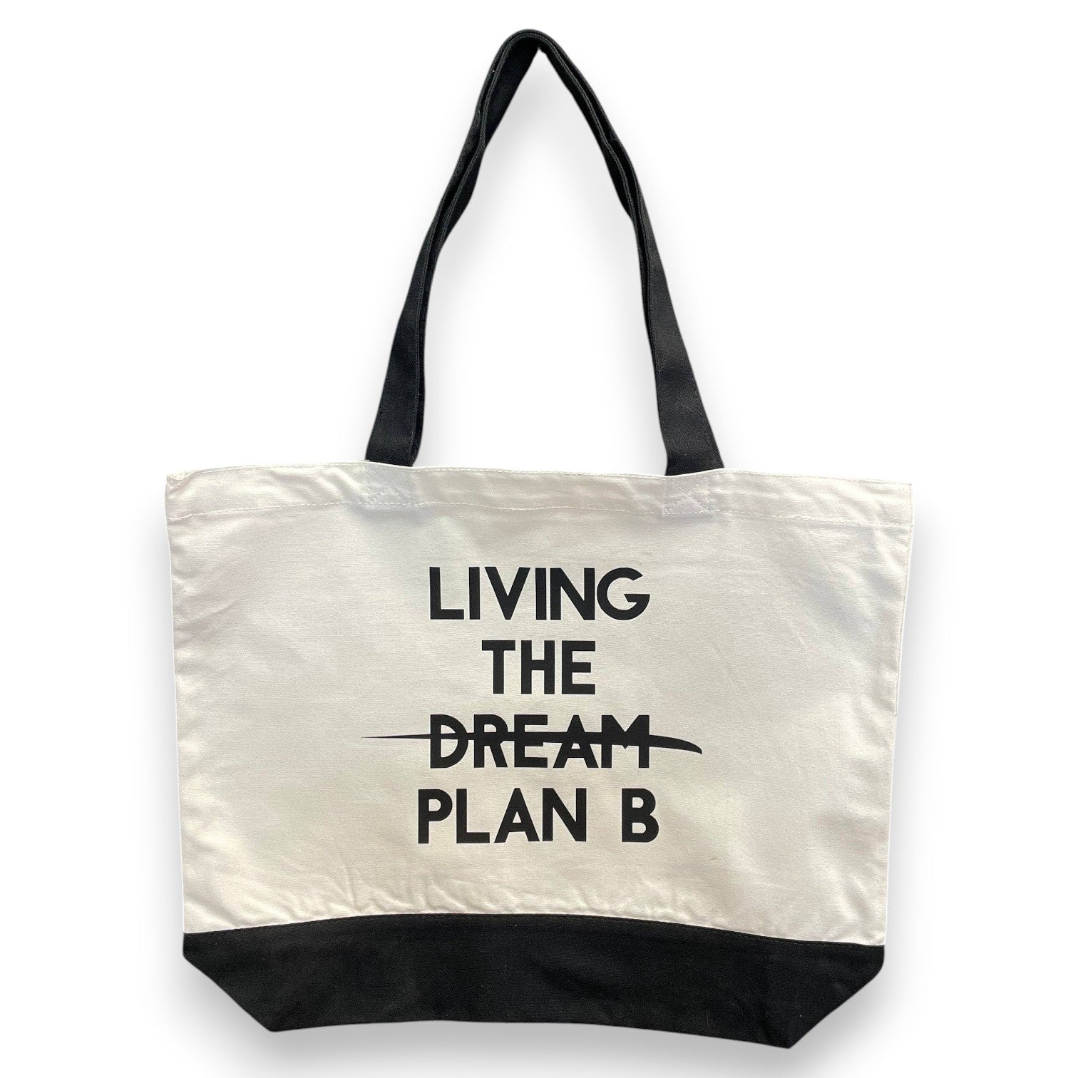 Mellow Monkey white and black cotton tote bag with "LIVING THE DREAM PLAN B" graphic. Reinforced handles.