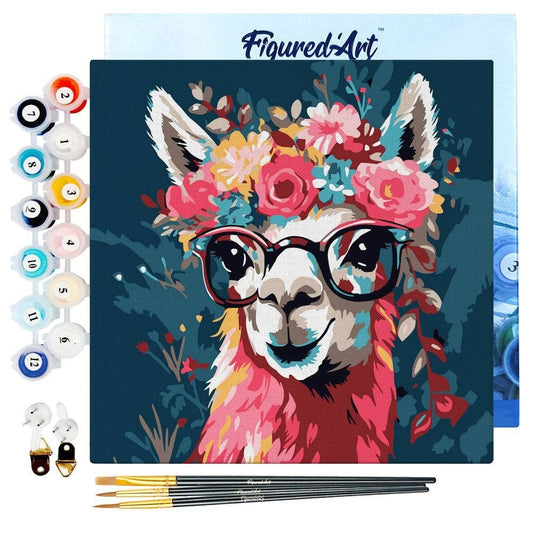 Mellow Monkey fantasy llama with glasses and flowers, 8"x8" paint by numbers kit for adults.