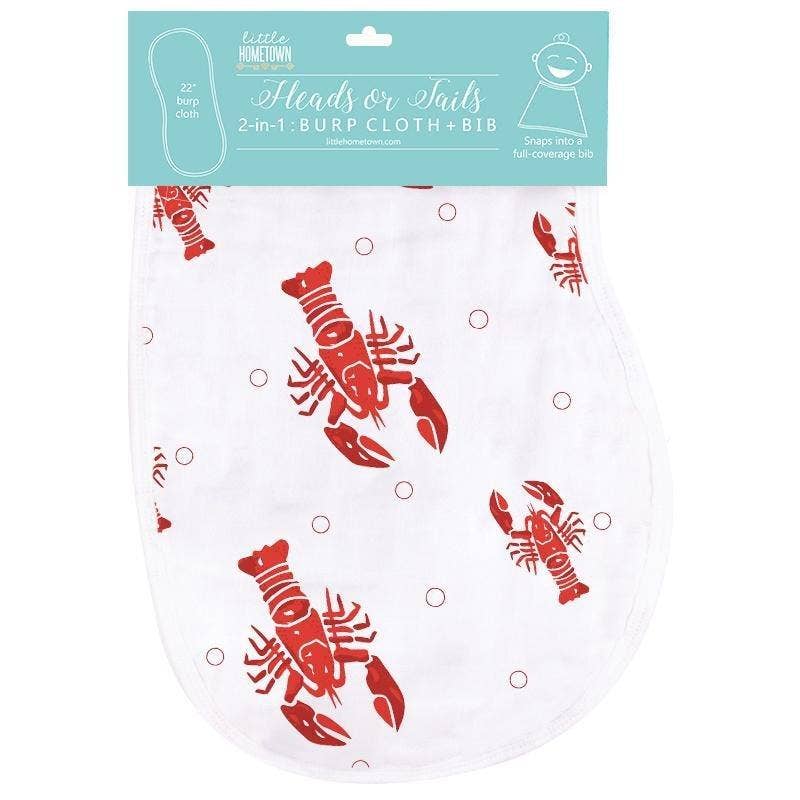 Mellow Monkey 2-in-1 baby burp cloth and bib featuring a red lobster and crawfish print on soft white muslin fabric.