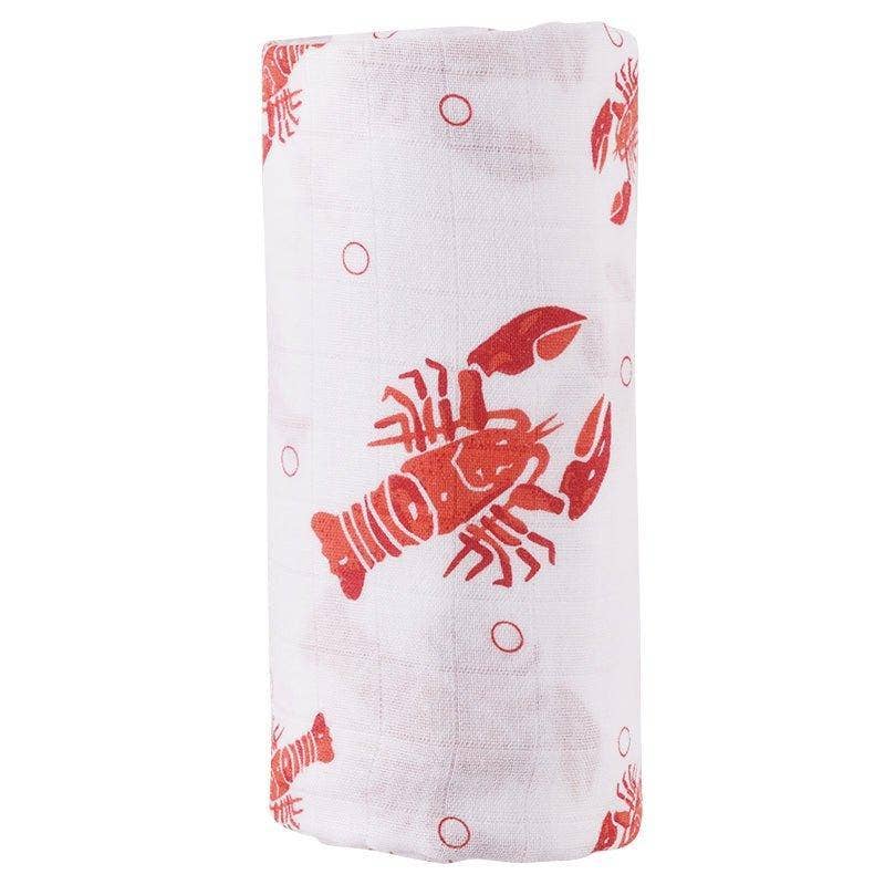 Mellow Monkey extra large muslin swaddle blanket in white with a red lobster and bubble print pattern.