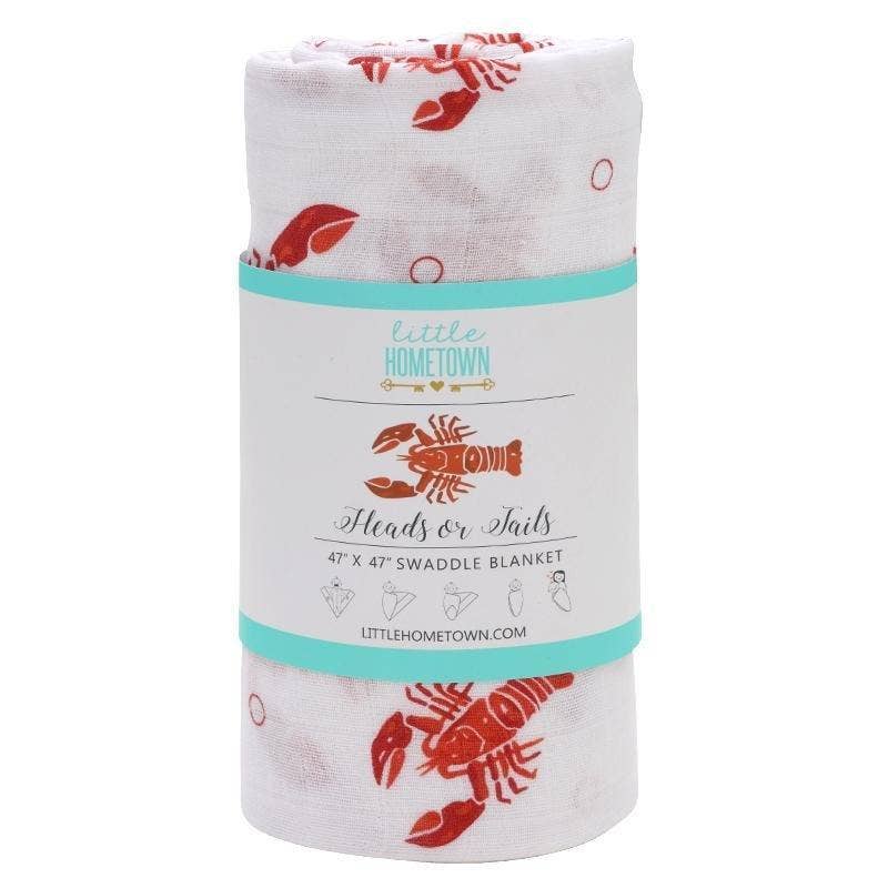 Mellow Monkey Heads and Tails muslin swaddle blanket with red lobster print on soft bamboo cotton fabric