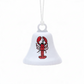 Mellow Monkey white steel holiday bell ornament featuring a red lobster nautical design on a white string