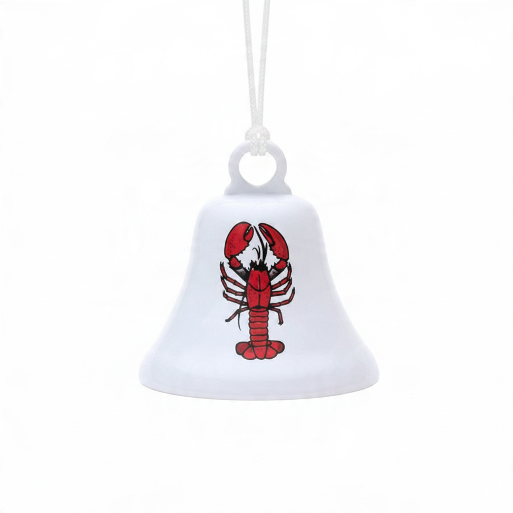 Mellow Monkey white steel holiday bell ornament featuring a red lobster nautical design on a white string