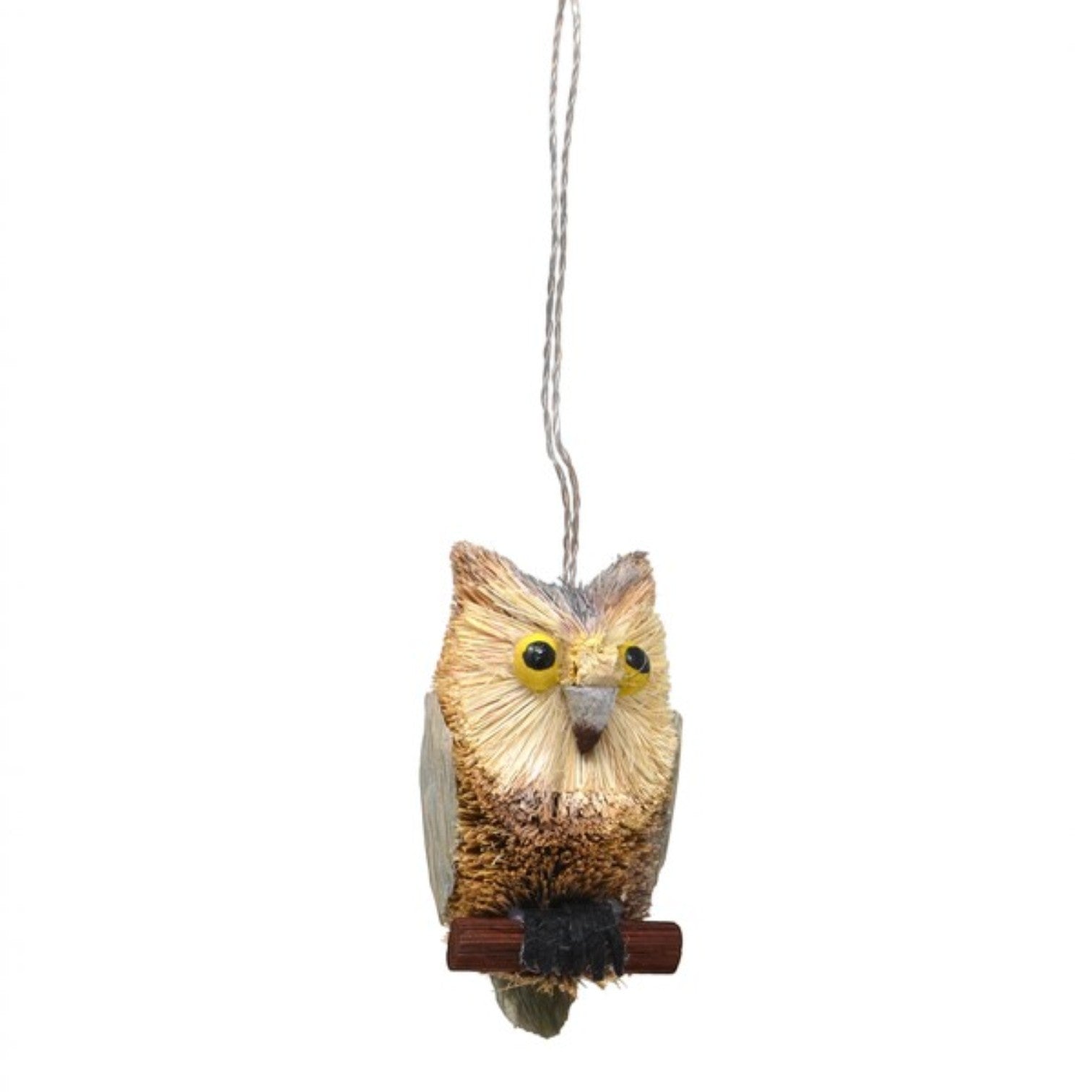Mellow Monkey 4-inch long eared gray owl ornament made from natural bottle brush fibers on a small wooden perch