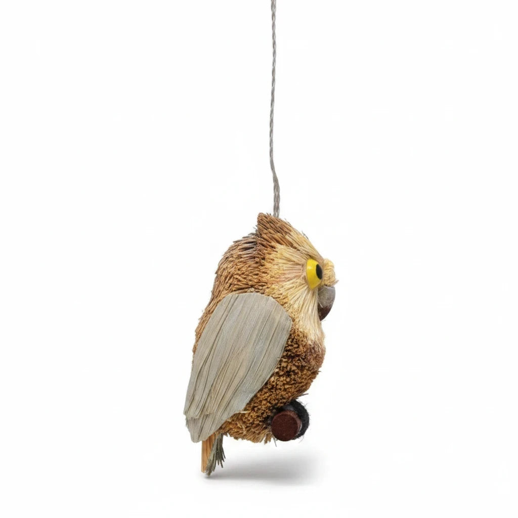 Mellow Monkey 4-inch long eared gray owl holiday ornament made from natural bottle brush fibers and seeds