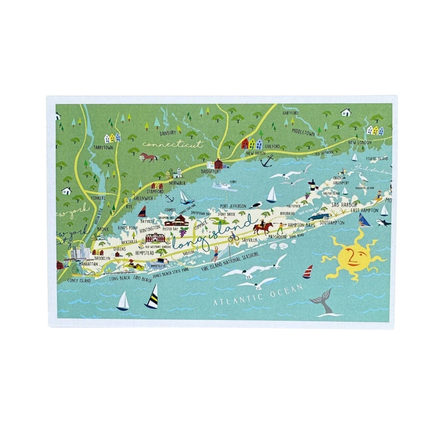 Mellow Monkey Long Island map postcard with illustrations of towns, boats, and a sun. 4" x 6" cardstock.