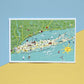 Mellow Monkey Long Island map postcard with illustrations of towns, beaches, and the Atlantic Ocean. Features a sun and whale tail.