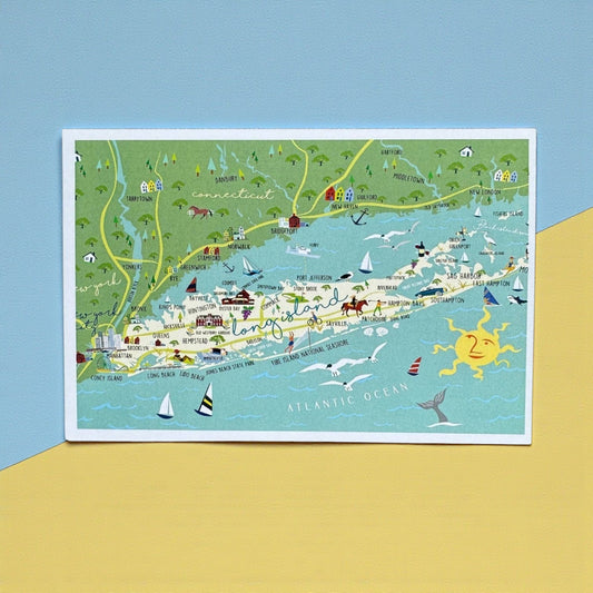 Mellow Monkey Long Island map postcard with illustrations of towns, beaches, and the Atlantic Ocean. Features a sun and whale tail.