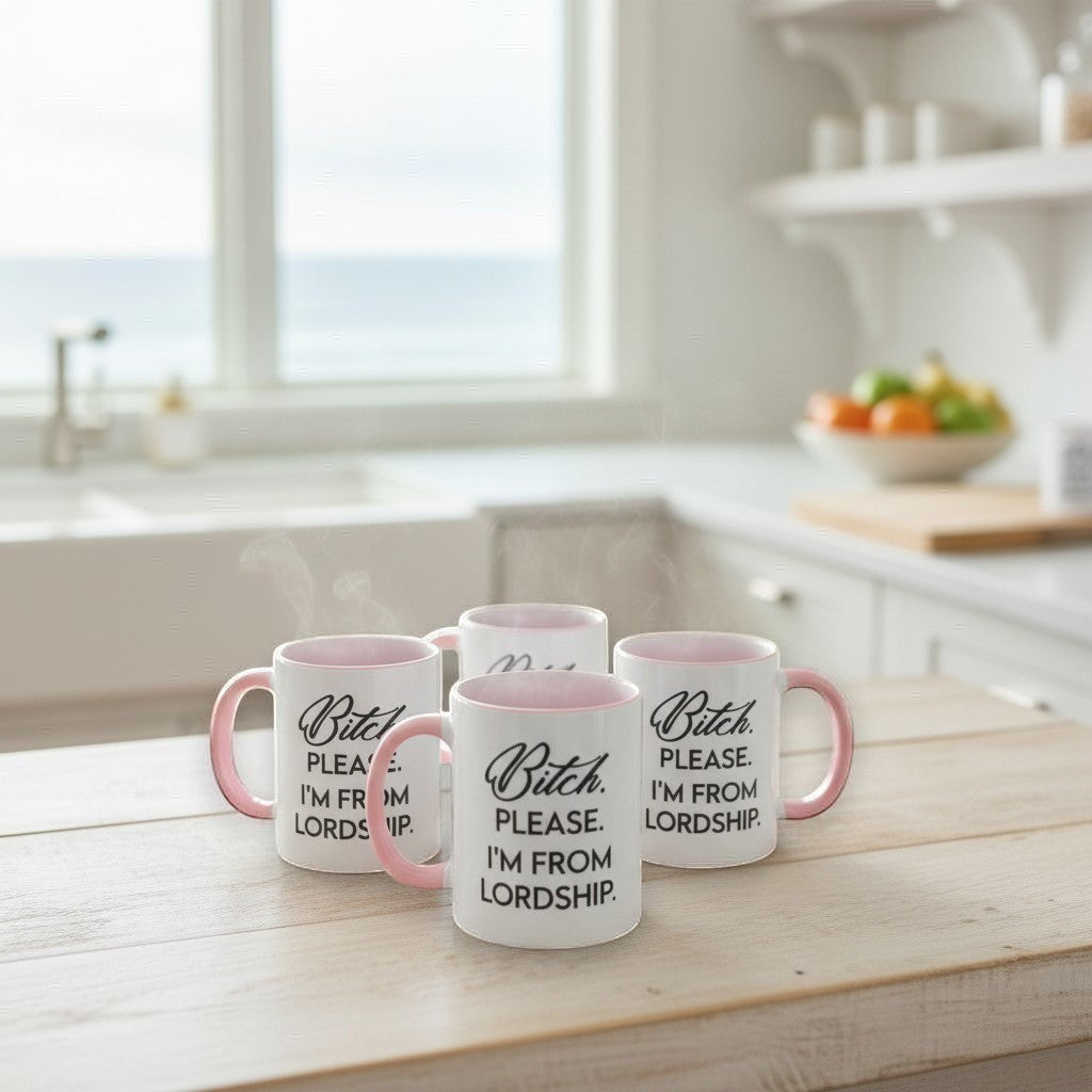 Mellow Monkey white ceramic coffee mug with pink interior and handle, text reads "Bitch, Please. I'm From Lordship."