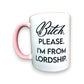 Mellow Monkey white ceramic 11-oz coffee mug with pink handle and interior, featuring black text that reads "Bitch, Please. I'm From Lordship."