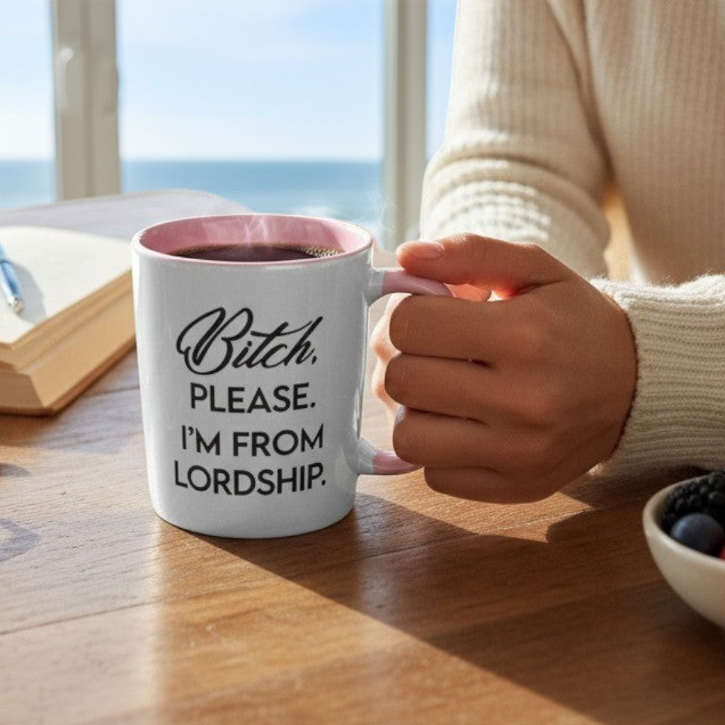 Mellow Monkey white ceramic 11-oz coffee mug with pink interior and handle, featuring text "Bitch, Please. I'm From Lordship."