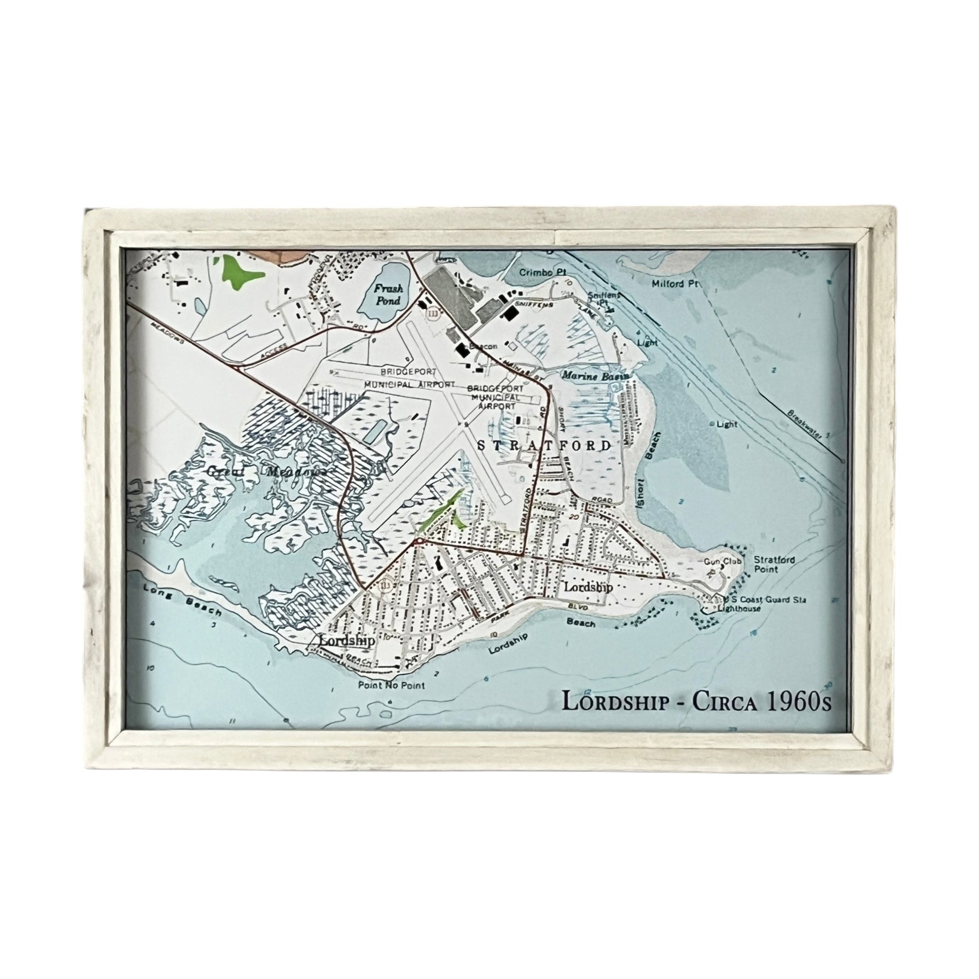 Mellow Monkey vintage Lordship Stratford nautical map in a white reclaimed wood shadowbox frame on a rustic shelf.