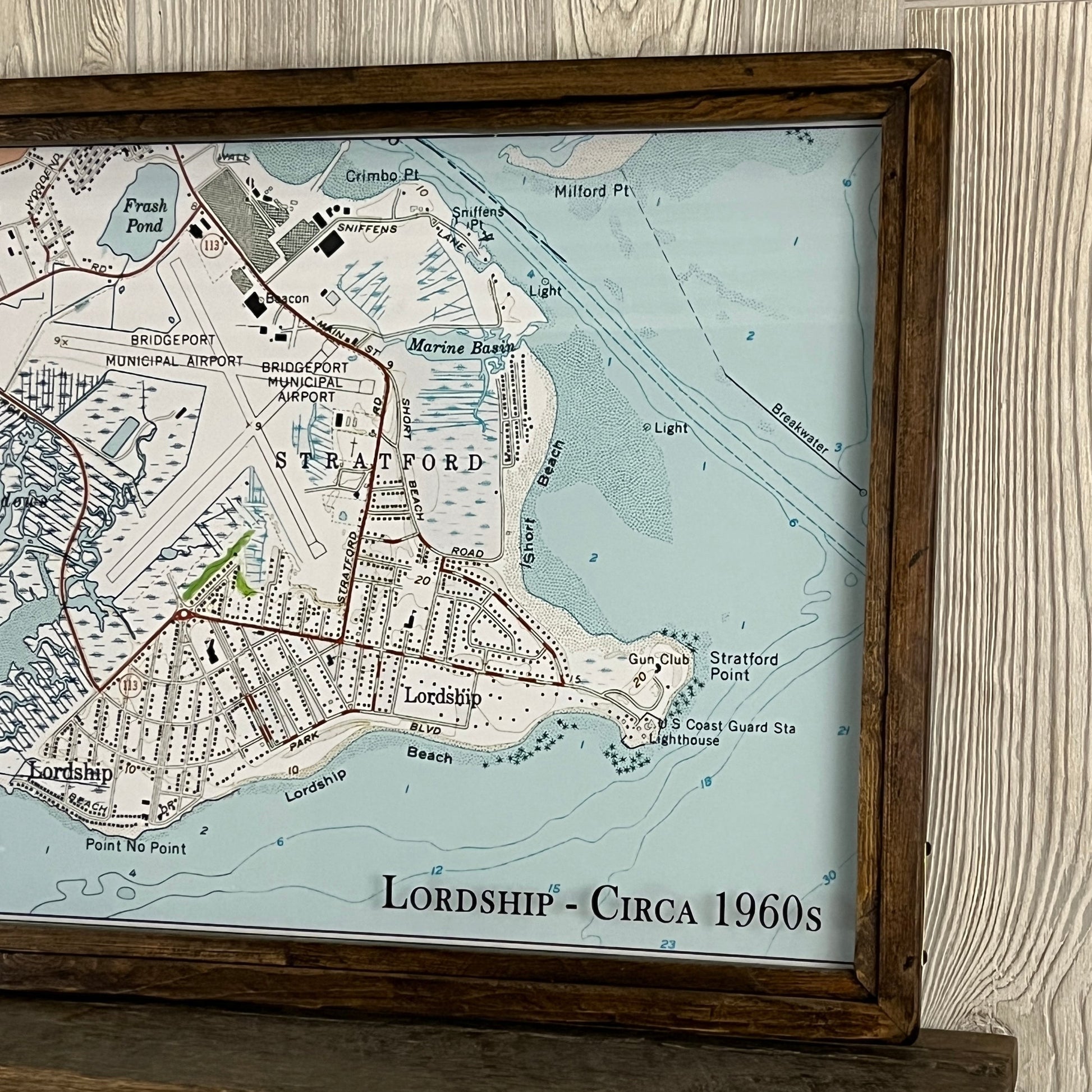 Mellow Monkey framed vintage nautical map of Lordship Stratford Connecticut in a brown reclaimed wood shadowbox