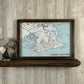 Mellow Monkey vintage Lordship Stratford nautical map in a brown reclaimed wood shadowbox frame on a rustic shelf.
