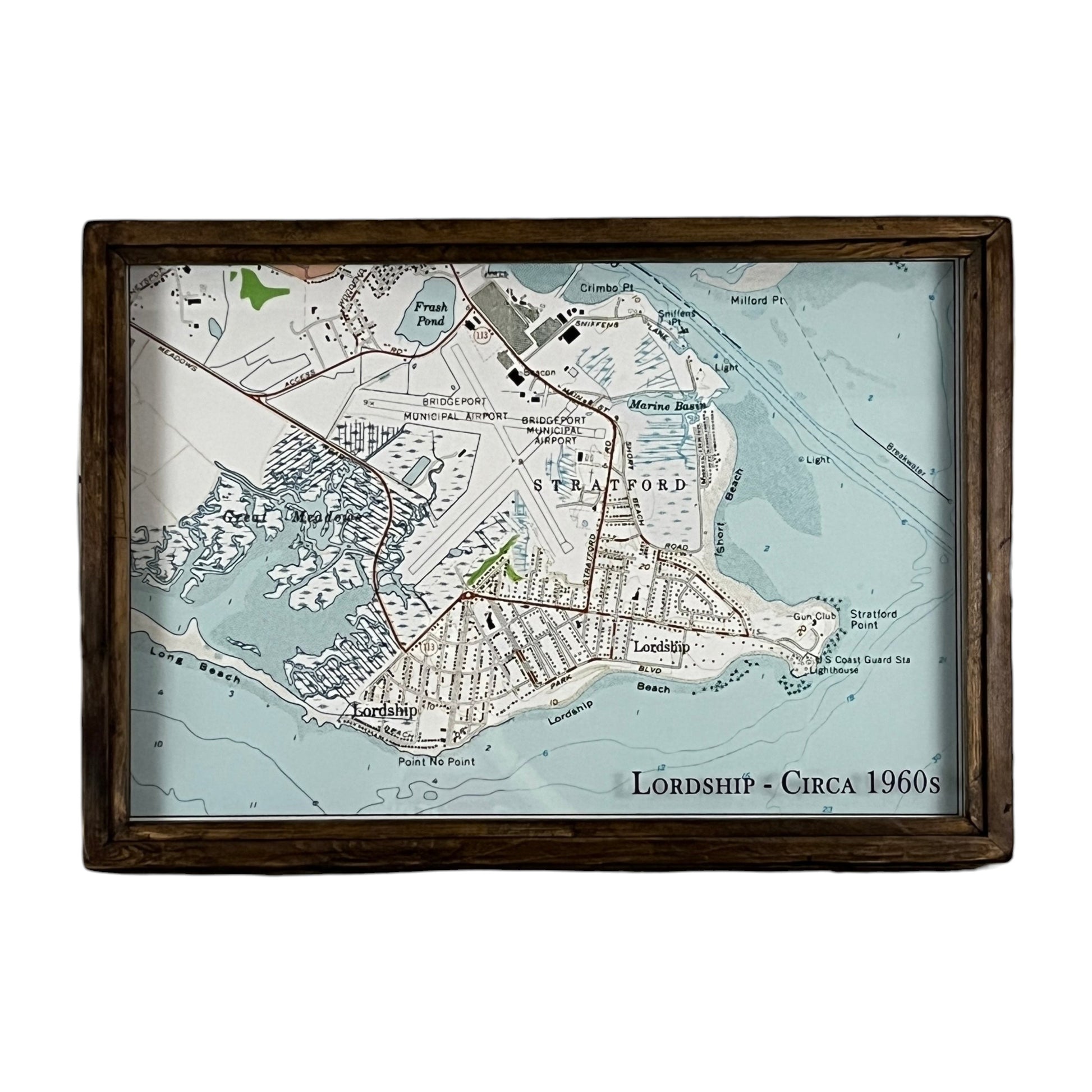 Mellow Monkey vintage Lordship Stratford nautical map in a brown reclaimed wood shadowbox frame on a wooden shelf.
