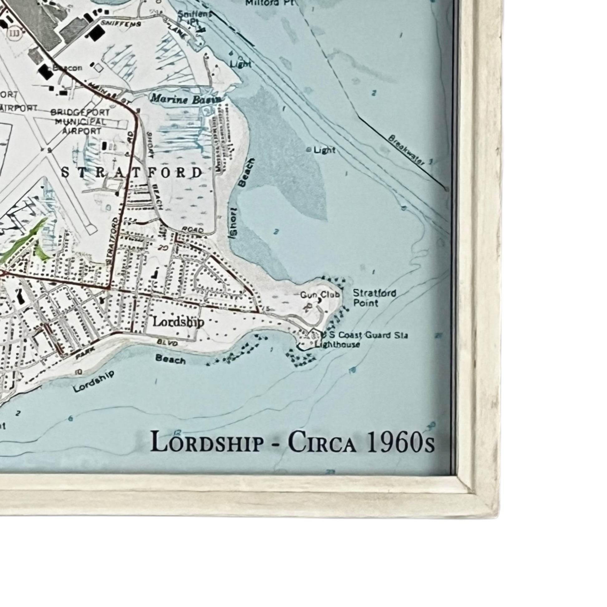 Mellow Monkey vintage nautical map of Lordship Stratford in a reclaimed wood shadowbox frame with glass lettering.