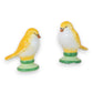 Mellow Monkey Vintage Reproduction Lovebird Salt & Pepper Shakers, yellow and white ceramic birds with green bases.