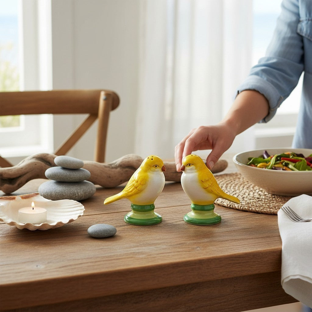 Mellow Monkey yellow ceramic lovebird salt and pepper shakers with green bases, 3.25-in