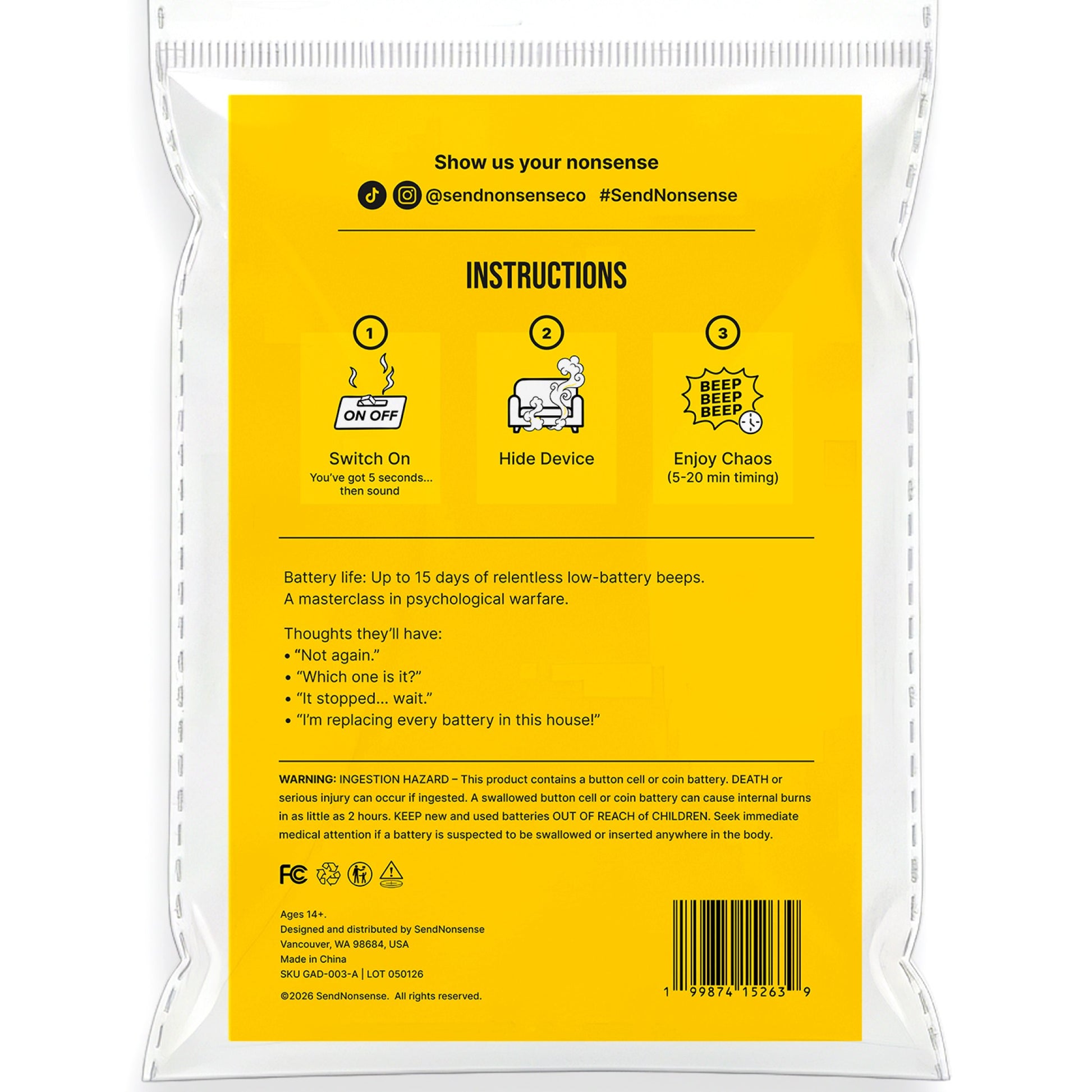 Mellow Monkey Hidden Low Battery Beep prank device packaging with yellow instructions and warning labels.