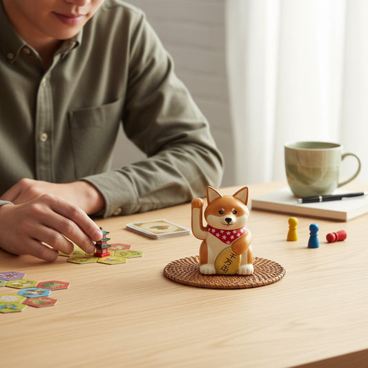 Mellow Monkey Lucky Dog figurine with a red bandana and gold coin on a woven mat, sitting on a desk with board games.