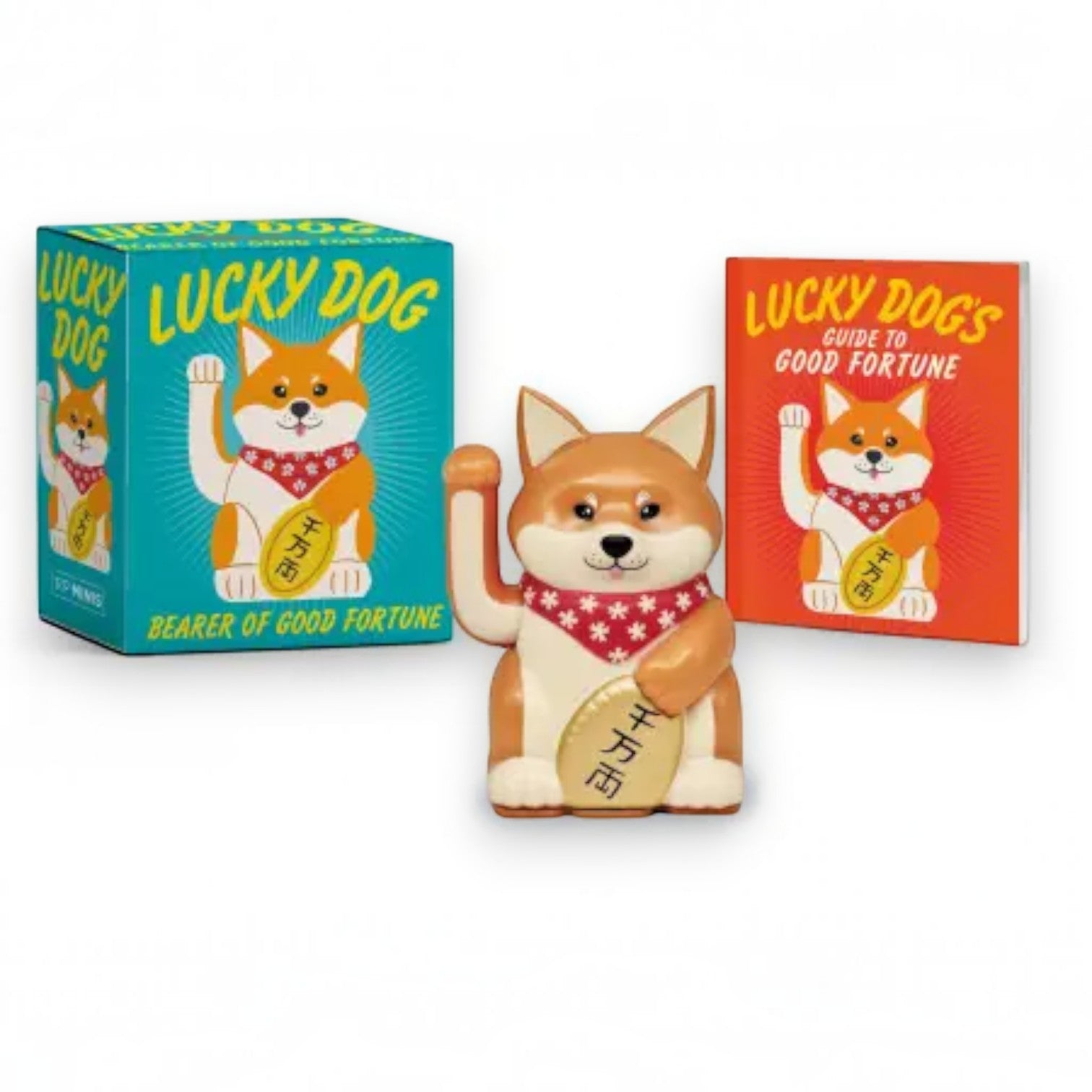 Mellow Monkey Lucky Dog figurine with a waving paw, red bandana, and gold coin, plus a mini book and display box.