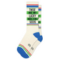 Mellow Monkey cream crew socks with green text reading These Are My Lucky Mahjong Socks and blue heel and toe details.