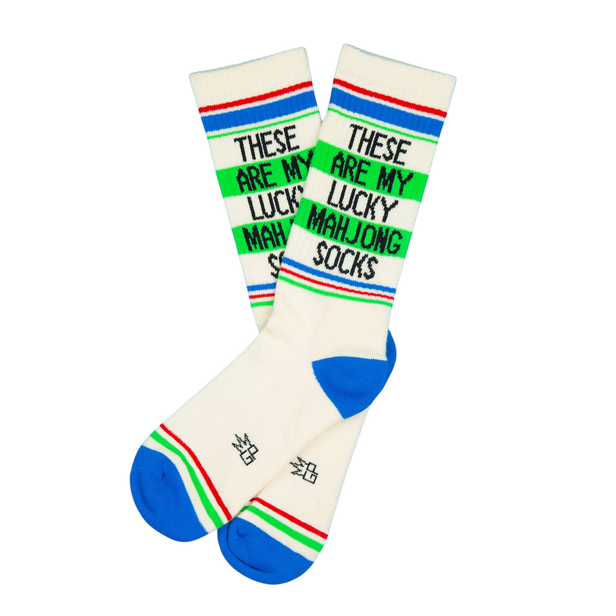 Mellow Monkey cream gym crew socks with blue heels and toes, featuring green text saying These Are My Lucky Mahjong Socks