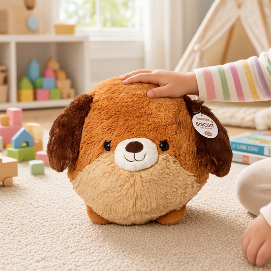 Mellow Monkey Lucky the Puppy round brown plush toy with soft fur being petted by a child in a playroom