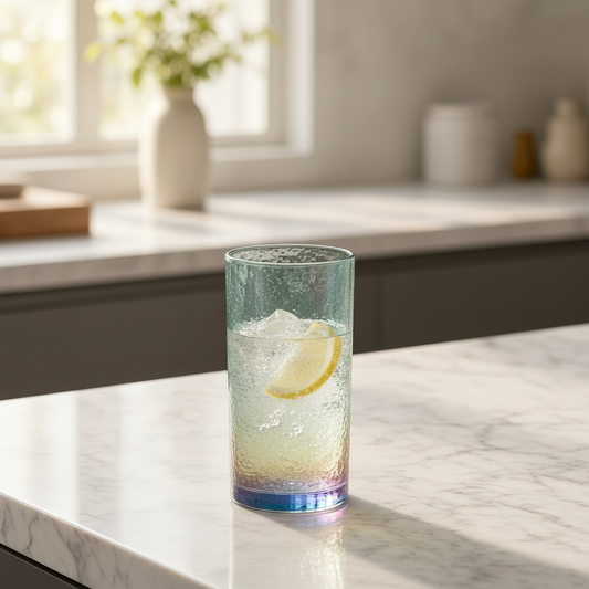 Mellow Monkey Aperitivo highball glass in luster blue with a lemon slice and ice on a marble kitchen countertop