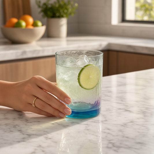 Mellow Monkey Aperitivo rocks glass in luster blue with a lime garnish, held by a hand on a marble kitchen counter.