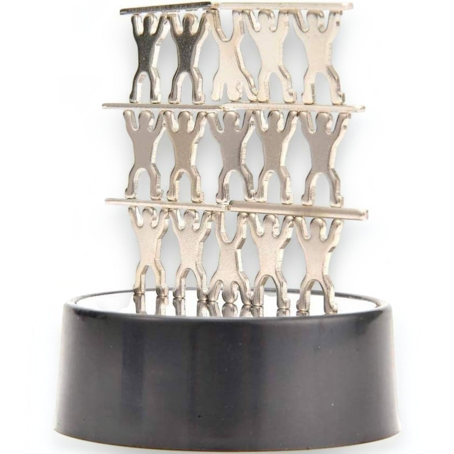 Mellow Monkey magnetic desktop sculpture featuring stacked stainless steel acrobat figures on a black base.