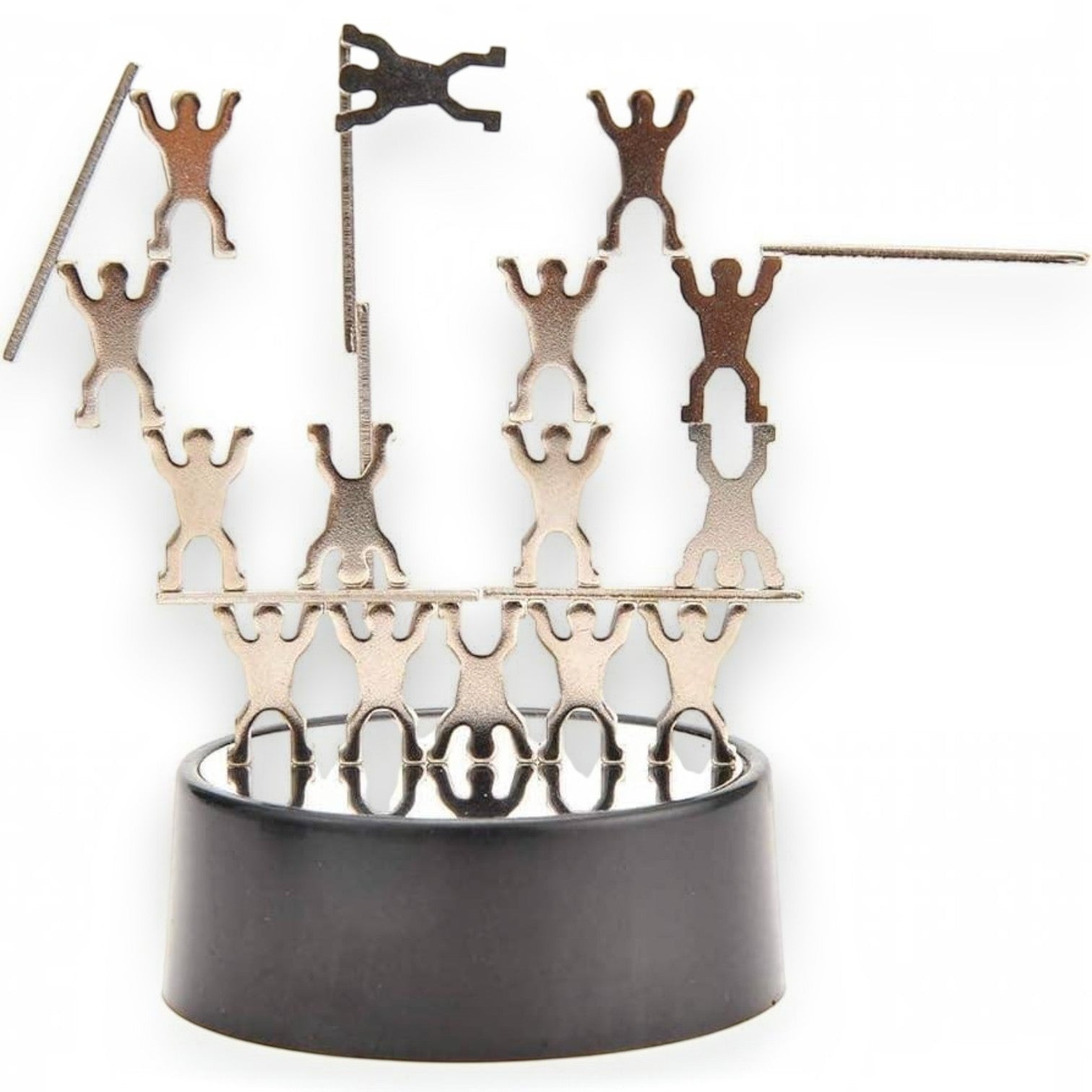 Mellow Monkey magnetic desktop sculpture featuring stainless steel acrobat figures arranged on a black circular base.