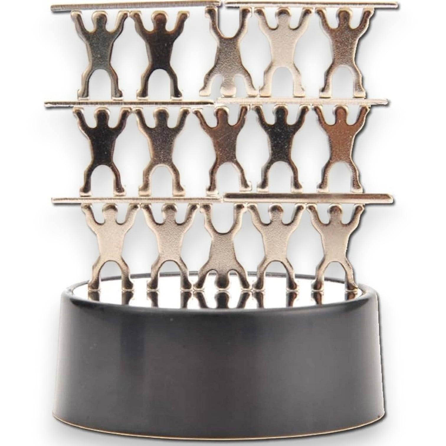 Mellow Monkey magnetic desktop sculpture featuring stainless steel acrobat figures stacked on a black base.