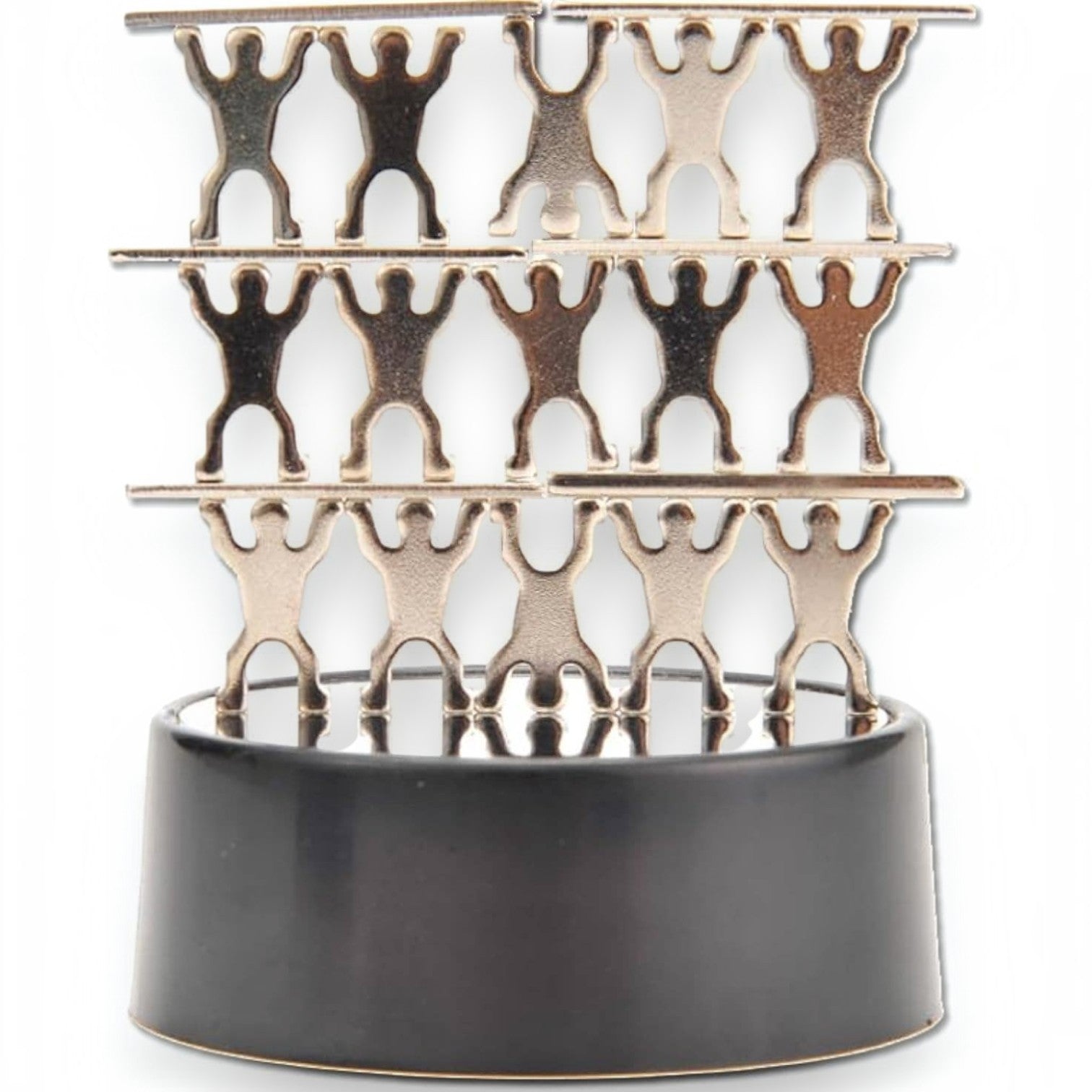 Mellow Monkey magnetic desktop sculpture featuring stainless steel acrobat figures stacked on a black base.
