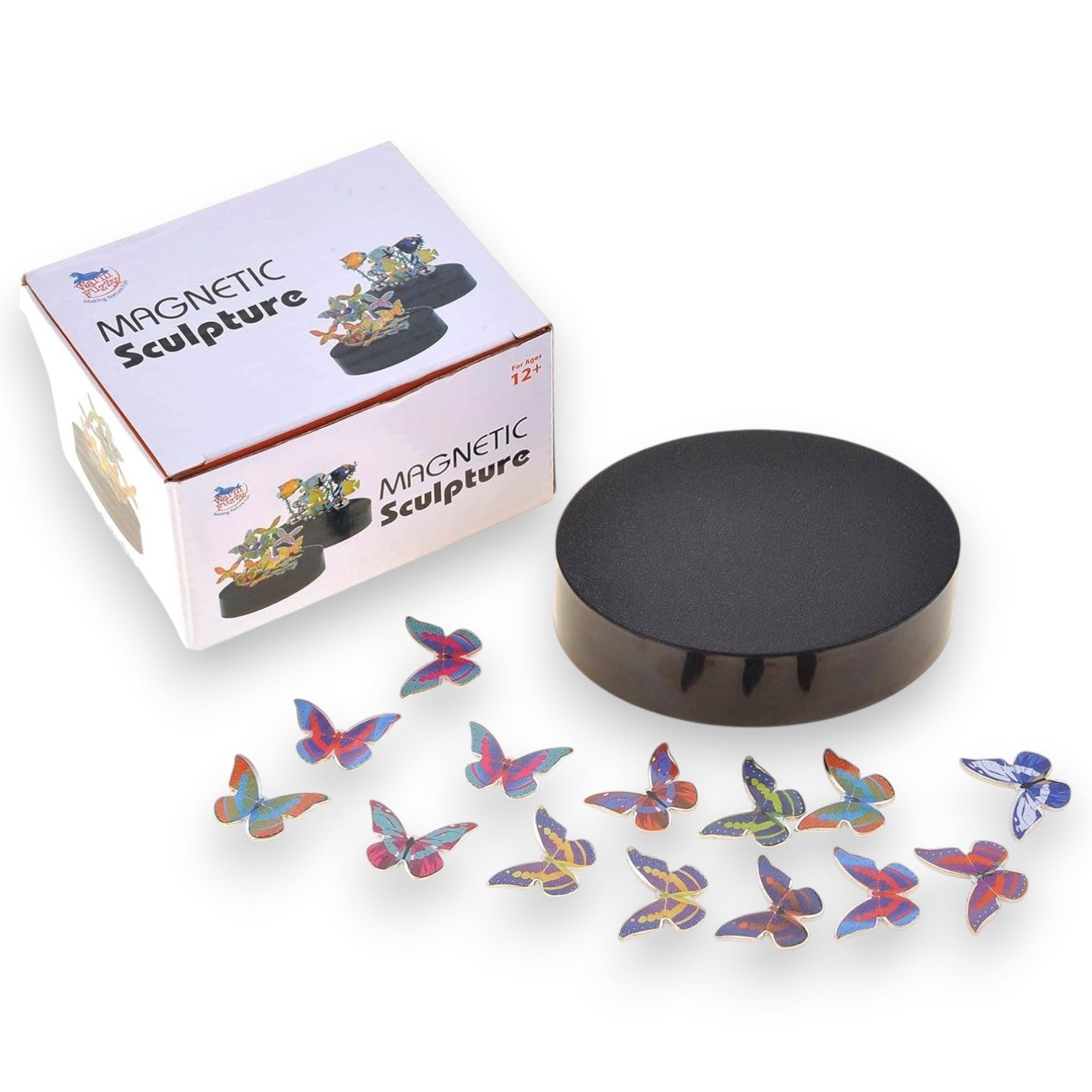 Mellow Monkey magnetic desktop sculpture set featuring colorful butterfly-shaped stainless steel pieces and base.