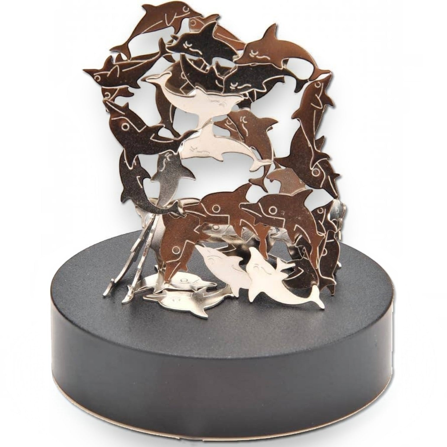 Mellow Monkey magnetic desktop sculpture featuring polished stainless steel dolphin figures on a black circular base.