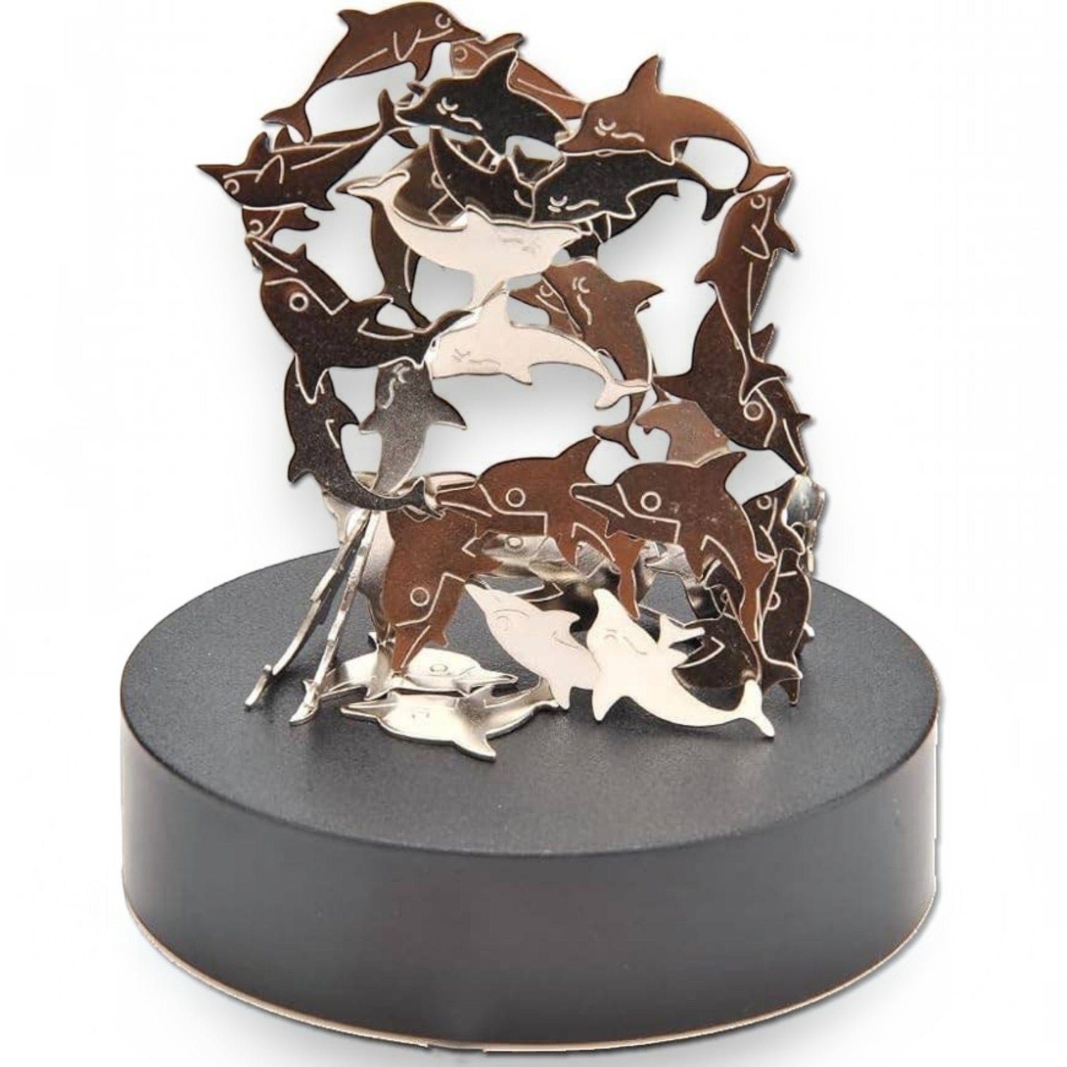 Mellow Monkey magnetic dolphin desktop sculpture featuring polished stainless steel sea creatures on a black base.