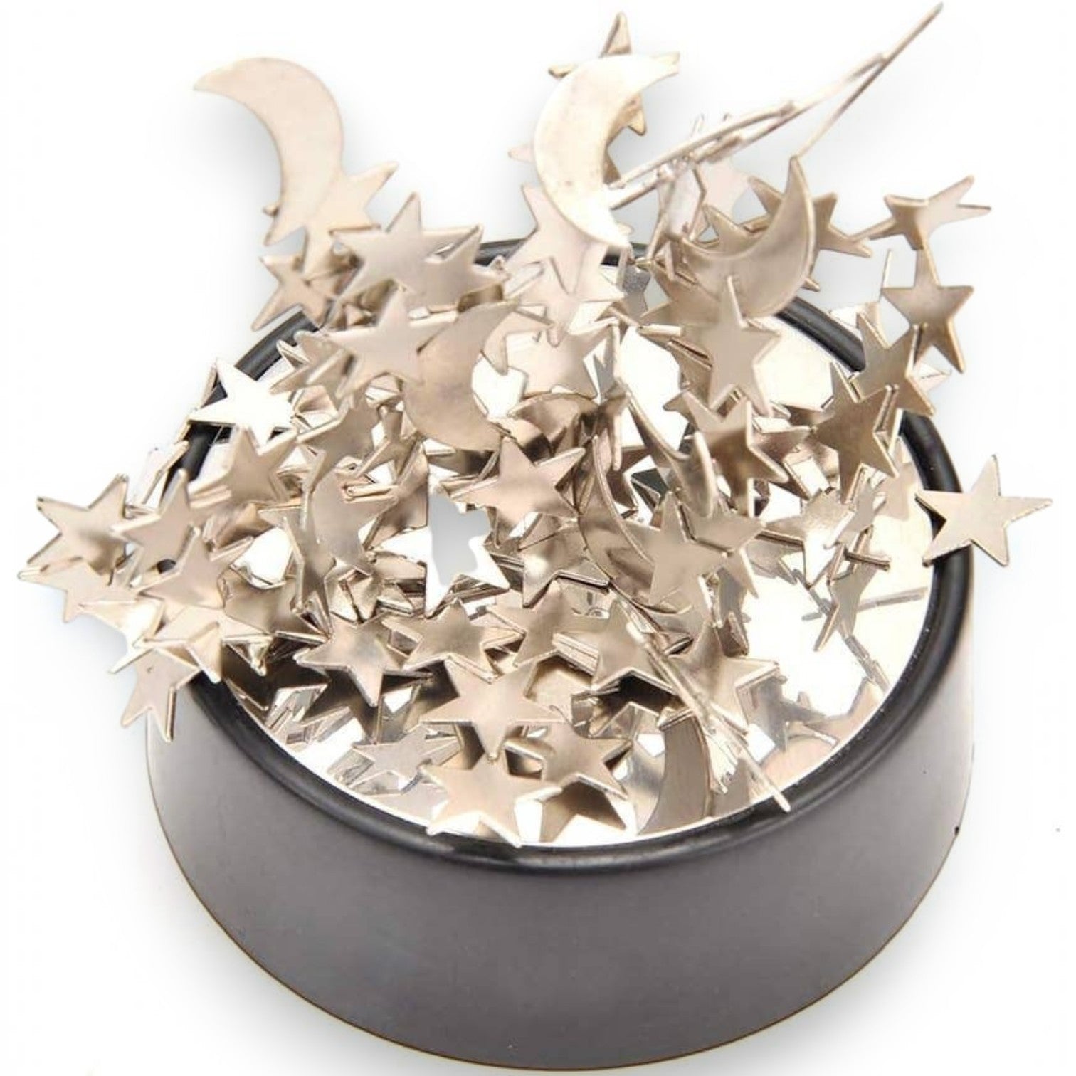 Mellow Monkey magnetic desktop sculpture featuring polished stainless steel moon and star pieces on a black base.