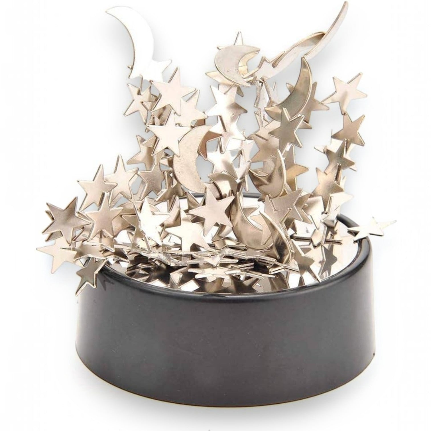 Mellow Monkey magnetic desktop sculpture featuring polished stainless steel moon and star shapes on a black base.