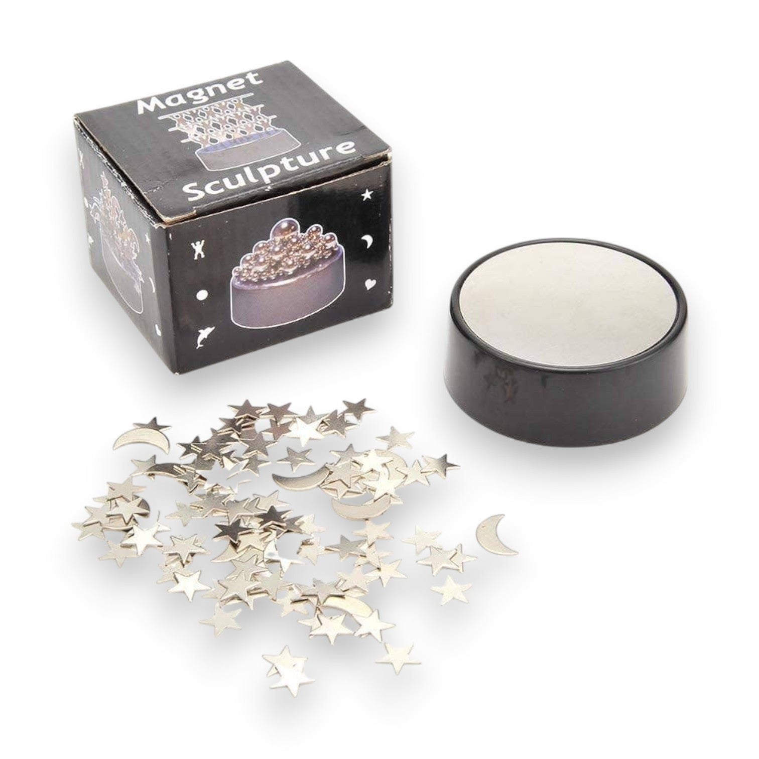 Mellow Monkey magnetic desktop sculpture kit with stainless steel moon and star pieces and a round magnetic base