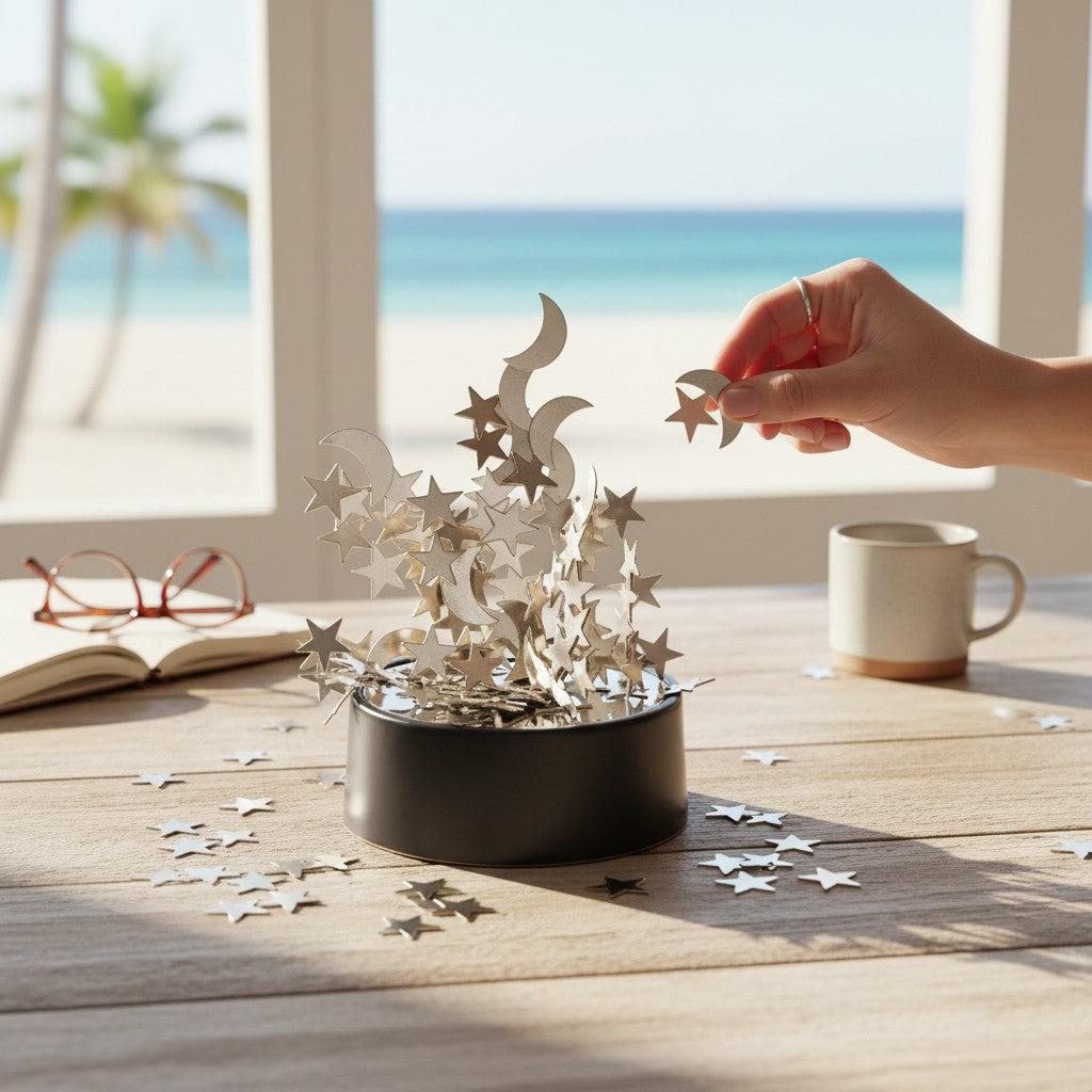 Mellow Monkey magnetic desktop sculpture with silver moon and star pieces on a wooden desk by a sunny beach window.