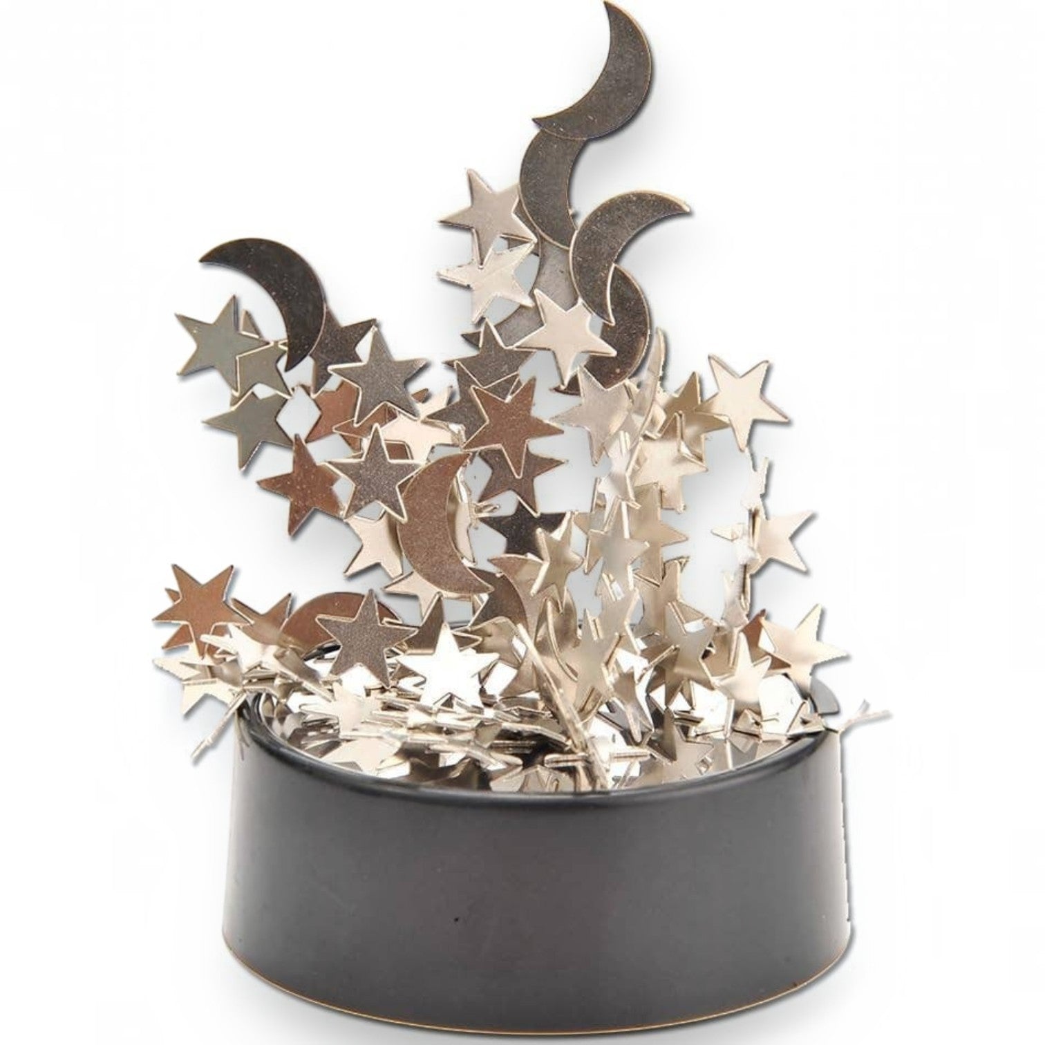 Mellow Monkey magnetic desktop sculpture featuring polished stainless steel moon and star shapes on a black base.
