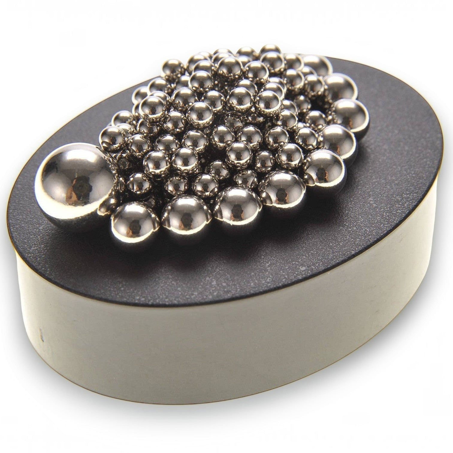 Mellow Monkey magnetic sculpture desk toy with silver stainless steel balls on an oval black base.