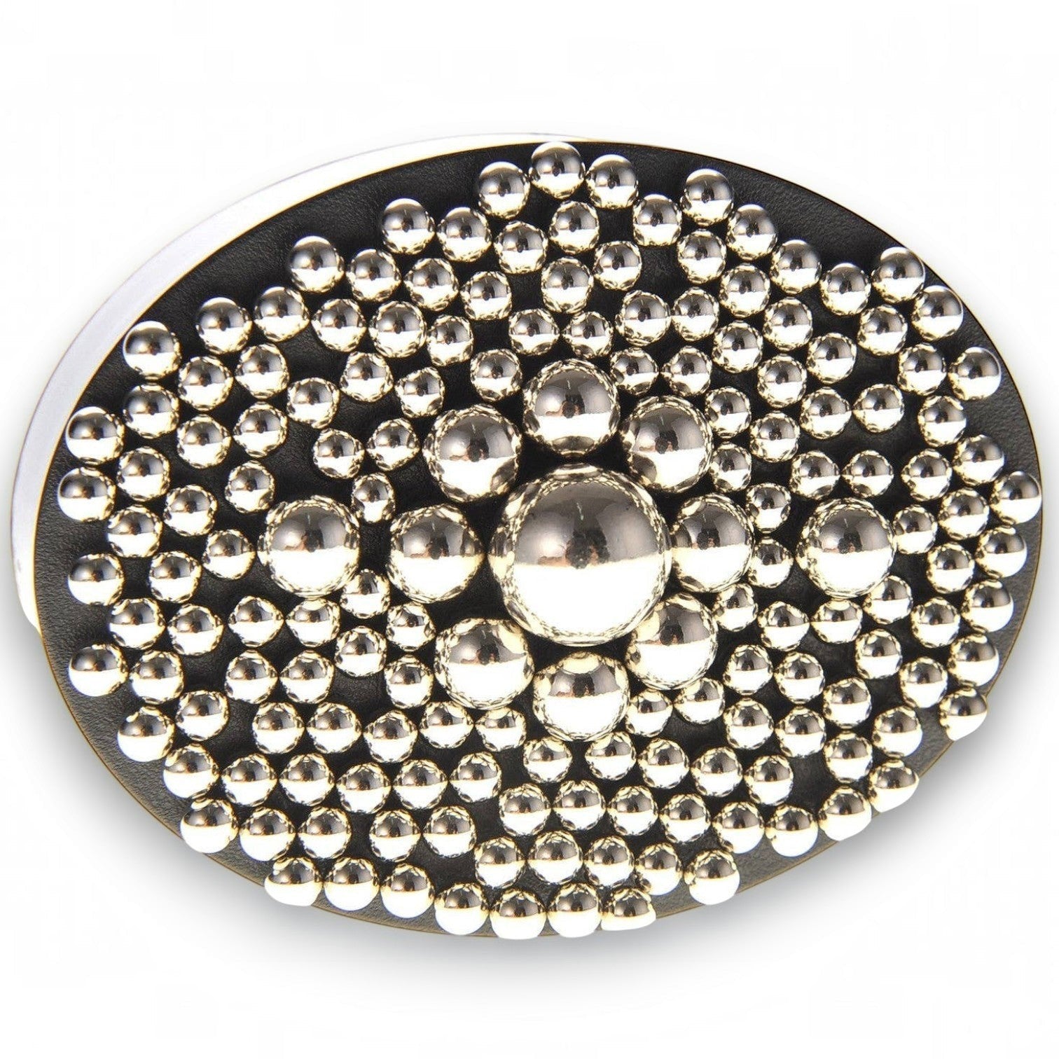 Mellow Monkey magnetic sculpture desk toy featuring polished stainless steel balls arranged on a black oval base.
