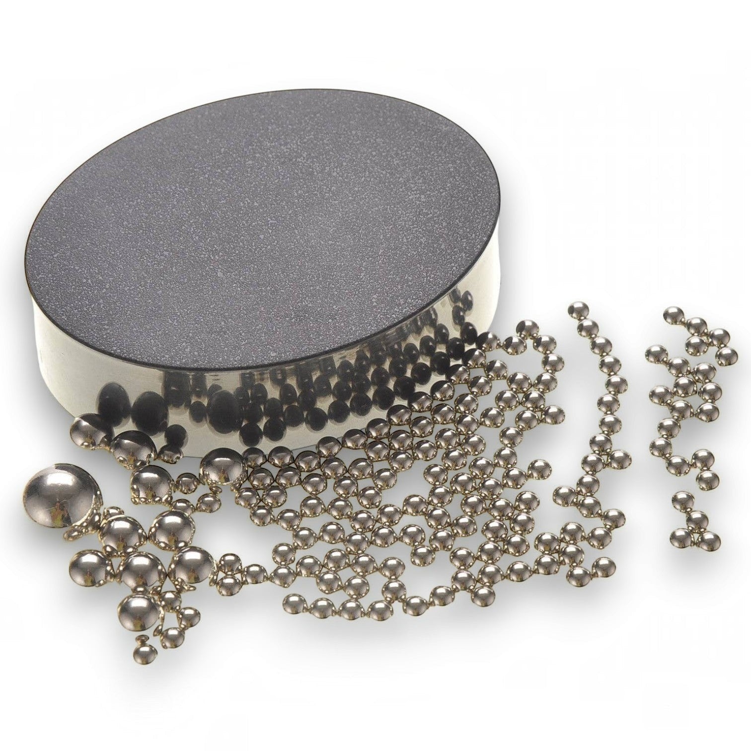 Mellow Monkey magnetic sculpture desk toy with a round base and numerous small stainless steel metal balls.