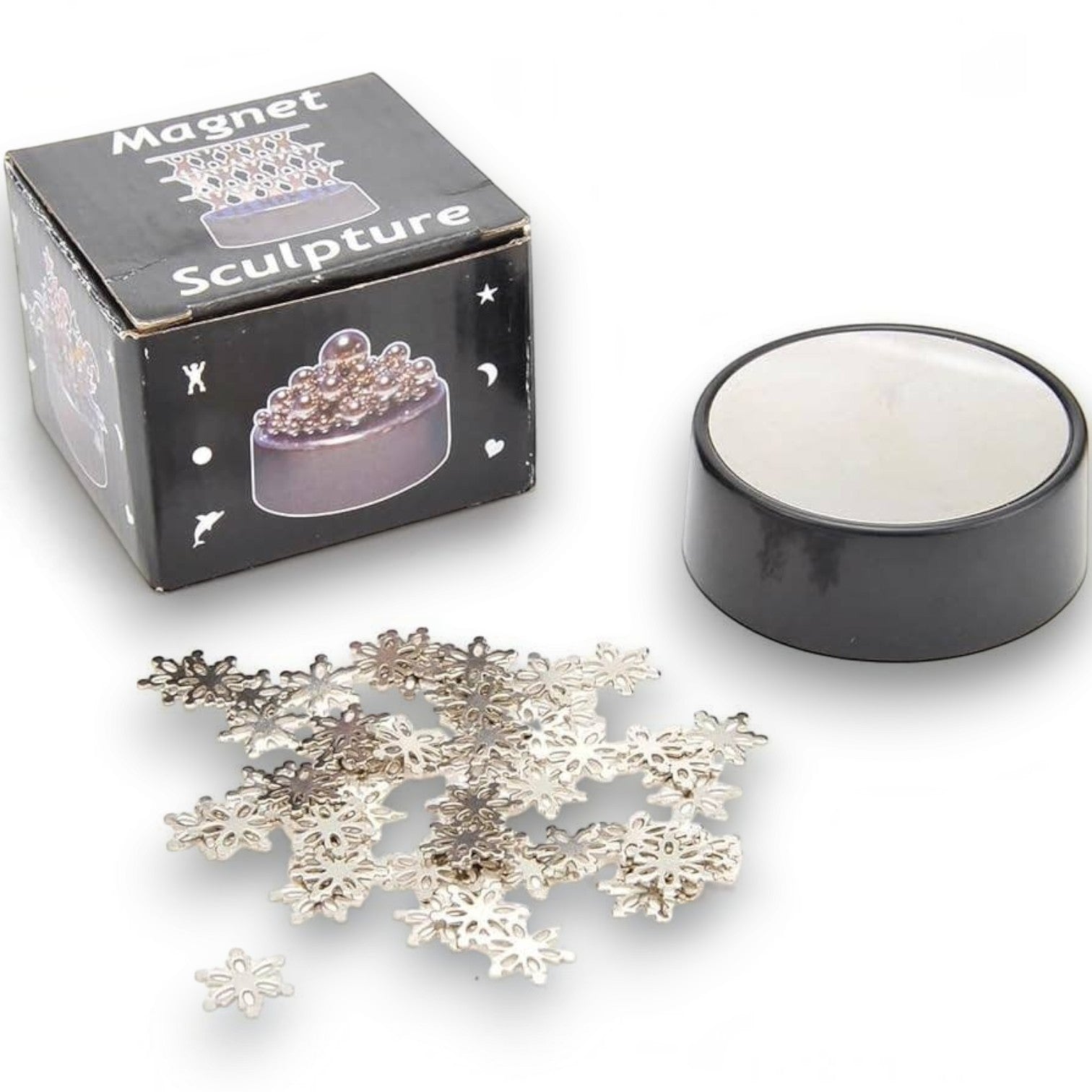 Mellow Monkey magnetic desktop sculpture set featuring silver stainless steel snowflake pieces and a black base.