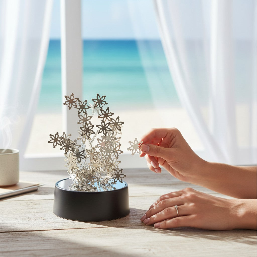 Mellow Monkey magnetic snowflake desktop sculpture with stainless steel pieces being arranged by hand on a desk.